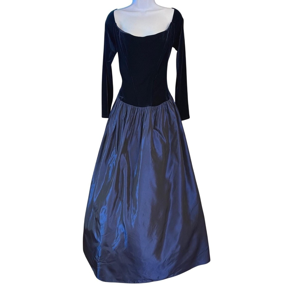 Vintage 90's Jessica McClintock Gown Navy Velvet Taffeta Ballgown Formal Dress